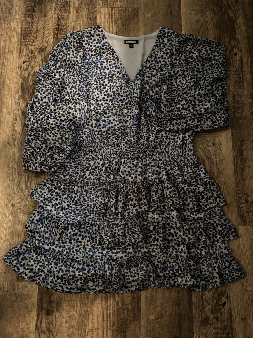 Express V-Neck Tiered Dress - Blue with Dot Pattern - Size XLarge